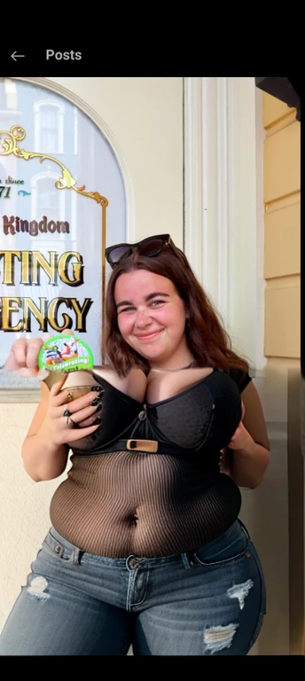 woman in brown shirt and blue jeans holding up a green drink, photo taken in 2 0 2 0, photo from 2022, by Anna Findlay, profile picture, holding a gold! cane!, slightly smiling, jenna barton, disney artist, 2 0 2 1, 2021, very silly looking, by Robert Richenburg, very slightly smiling, Big tits, huge tits, no clothes, sexy, cute, minimal clothes, thick, bbw, chubby stomach, thick nipples, nipple piercings, large areola, hard nipples, piercing through shirt, nipples hard through shirt, busty, major cleavage, naked, ripping through top, spilling over sides, bra too tight, giant tits, extra wide hips, upper body zoom in, fat bbw, showing off huge tits, fat stomach, see through top, fat bbw, large areola showing, down to stomach, clothes, clothed