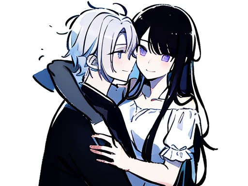 illustration of a couple hugging, woman with long black hair and violet eyes hugging a boy with messy white hair and pale blue eyes 