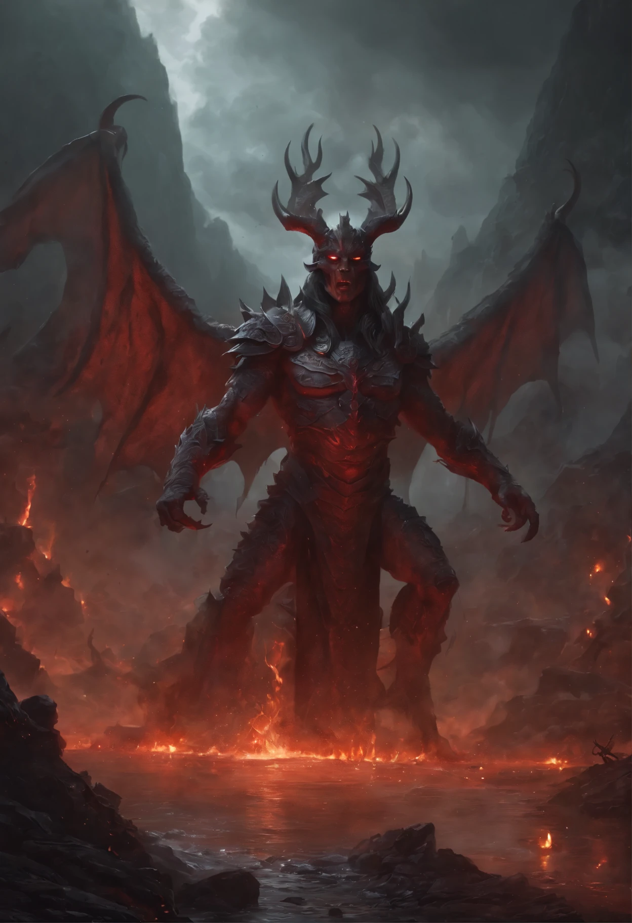 Strange power chaos, Dead Mountain, Bloody River, heaps of corpses, A river stained red with blood,  Embattled, (The King who has been fighting for 2000 years even after turning into bones), No Life King, Fantasy, Complex, elegant, Very detailed, Centered, Symmetric, I drew, Complex, Volumetric lighting, beautiful, A masterpiece of deep colour, Sharp focus, Very detailed, style of dan mumford and marc simonetti, Astrophotography