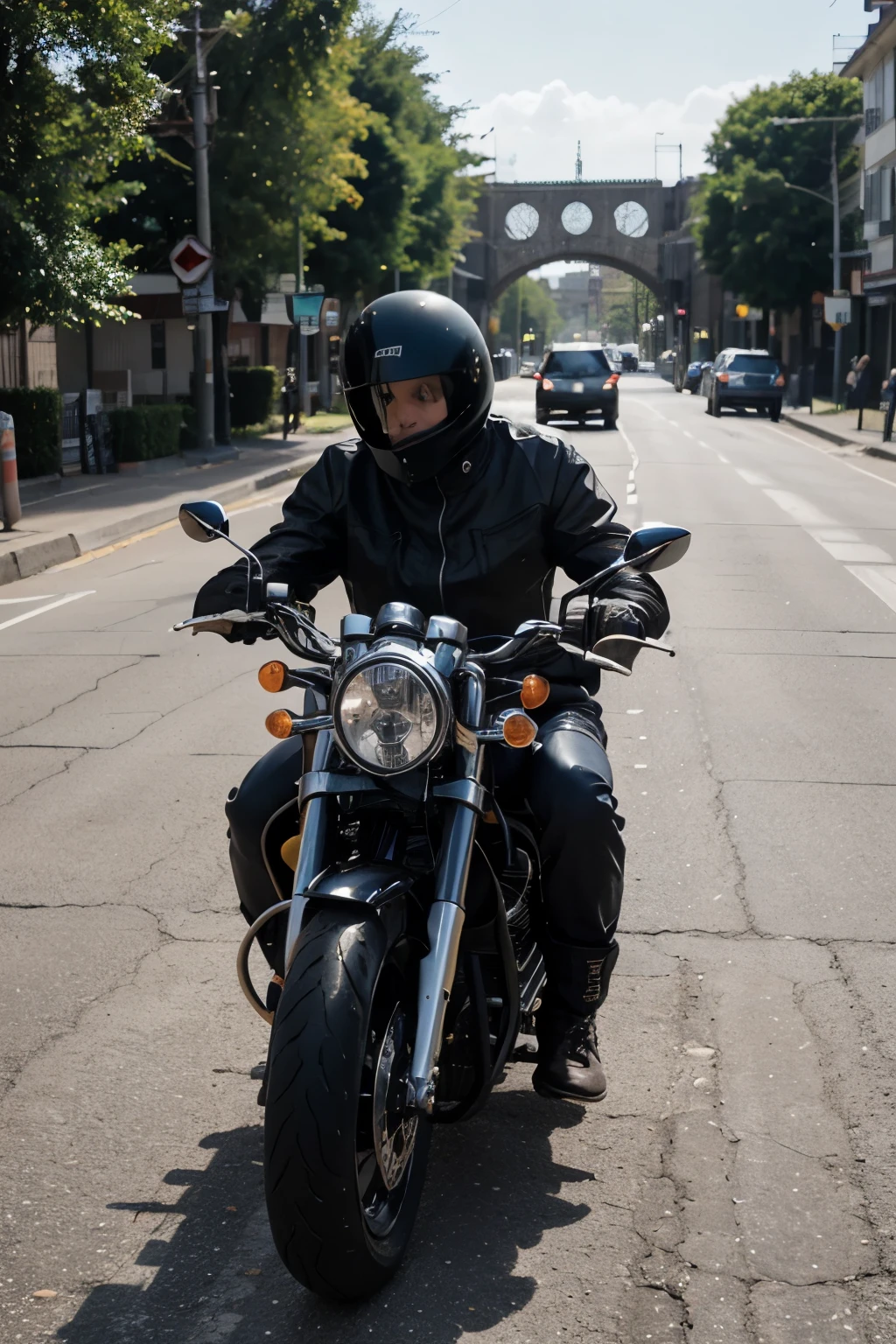 high-quality image that depicts a motorcyclist with perfect features. The motorcyclist is wearing impeccable protective gear, com um capacete elegante que reflete a luz do sol de maneira deslumbrante. Your motorcycle is a masterpiece of engineering, with aerodynamic lines and a glossy finish that captures the attention of everyone around. Motorcyclist is on a winding road, com curvas suaves e paisagens deslumbrantes ao fundo, adding a sense of adventure and freedom to the scene. Your posture is confident and determined, conveying a sense of mastery over the powerful machine he is driving. O vento sopra suavemente, slightly messing up your hair and adding a touch of dynamism to the image. The ensemble creates a captivating scene that encapsulates the excitement and elegance of biker culture.