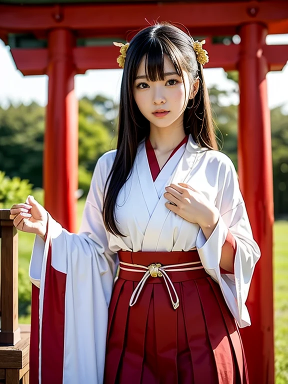 shrine maiden、Crimson too、shrine maiden装束、ceremony、shrine、within the territory、Long Hair、beautiful girl、Clear Skin、Oracle、The chest is slightly open、cowboy shot,shrine maiden outfit,red skirt,