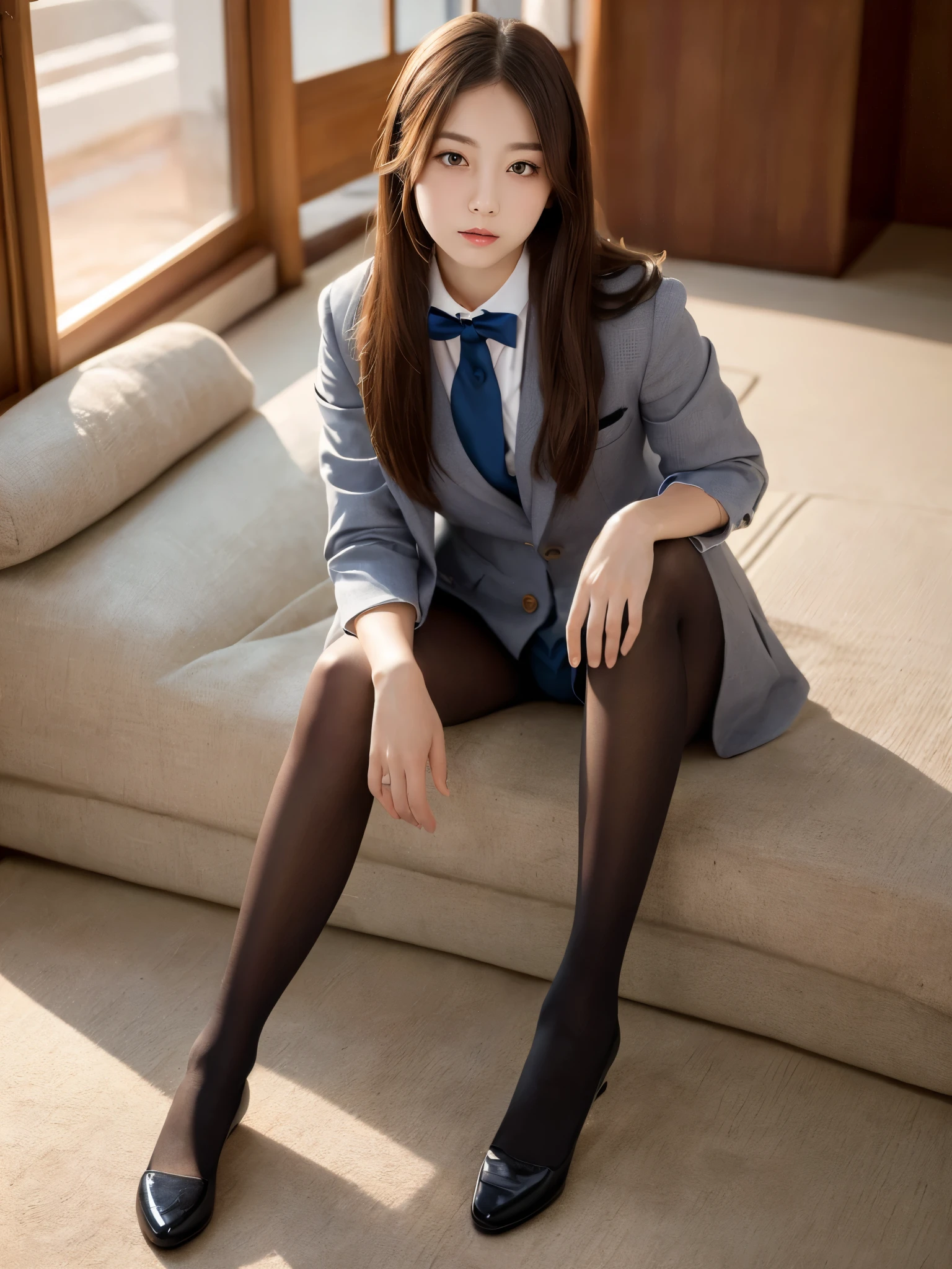 (sfw:1.5)、(RAW Photos:1.2), (Realistic:1.4), Beautiful detailed girl, Highly detailed skin , Beautiful fine details, ((Japanese high school girls uniform)), 8k wallpaper, Uniforms with detailed design, masterpiece, highest quality, Light on the face, Cinema Lighting, One girl, 26 years old, ((No pants)), (((Dynamic pose))), (pantyhose), ((Sit with your knees bent and your legs bent))、(Anatomically correct)、(Perfect body proportions)、(Natural Legs、Natural Hands、Natural Fingers)、 ((Round face)), Realistic Eye Size, Big Eyes、Droopy eyes
