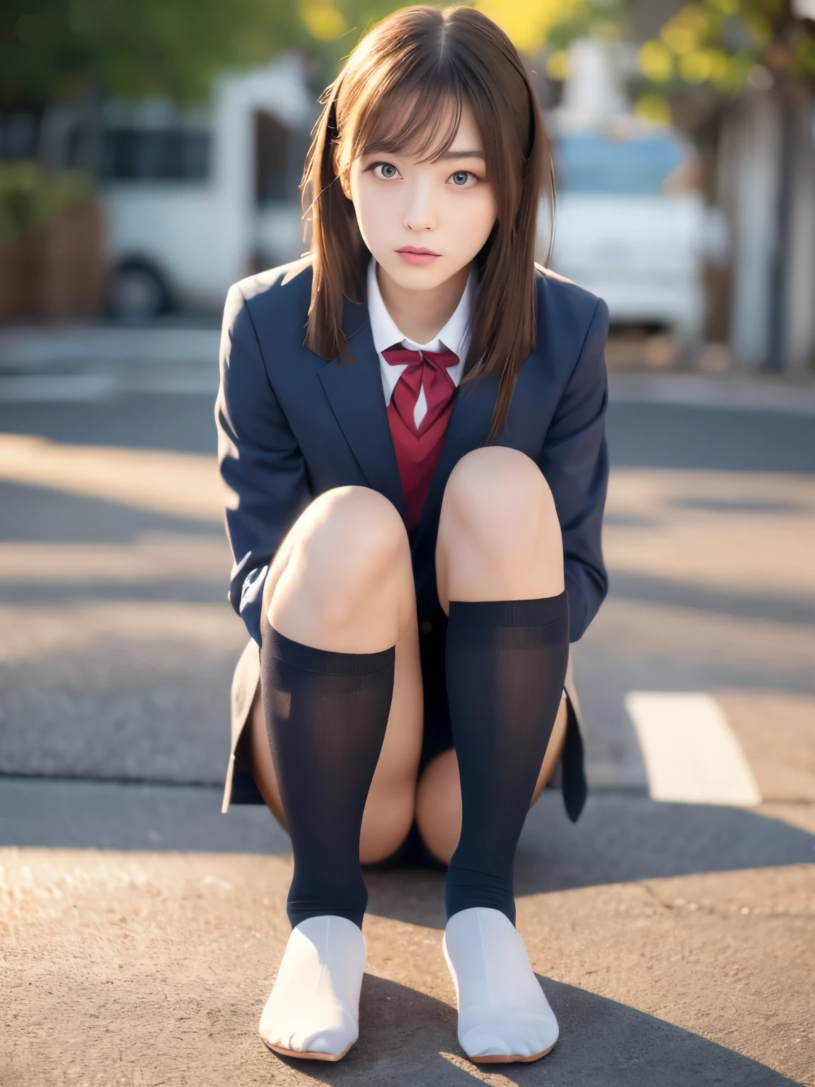 (sfw:1.5)、(RAW Photos:1.2), (Realistic:1.4), Beautiful detailed girl, Highly detailed skin , Beautiful fine details, ((Japanese high school girls uniform)), 8k wallpaper, Uniforms with detailed design, masterpiece, highest quality, Light on the face, Cinema Lighting, One girl, 26 years old, ((No pants)), (((Dynamic pose))), (pantyhose), ((Sit with your knees bent and your legs bent))、(Anatomically correct)、(Perfect body proportions)、(Natural Legs、Natural Hands、Natural Fingers)、 ((Round face)), Realistic Eye Size, Big Eyes、Droopy eyes