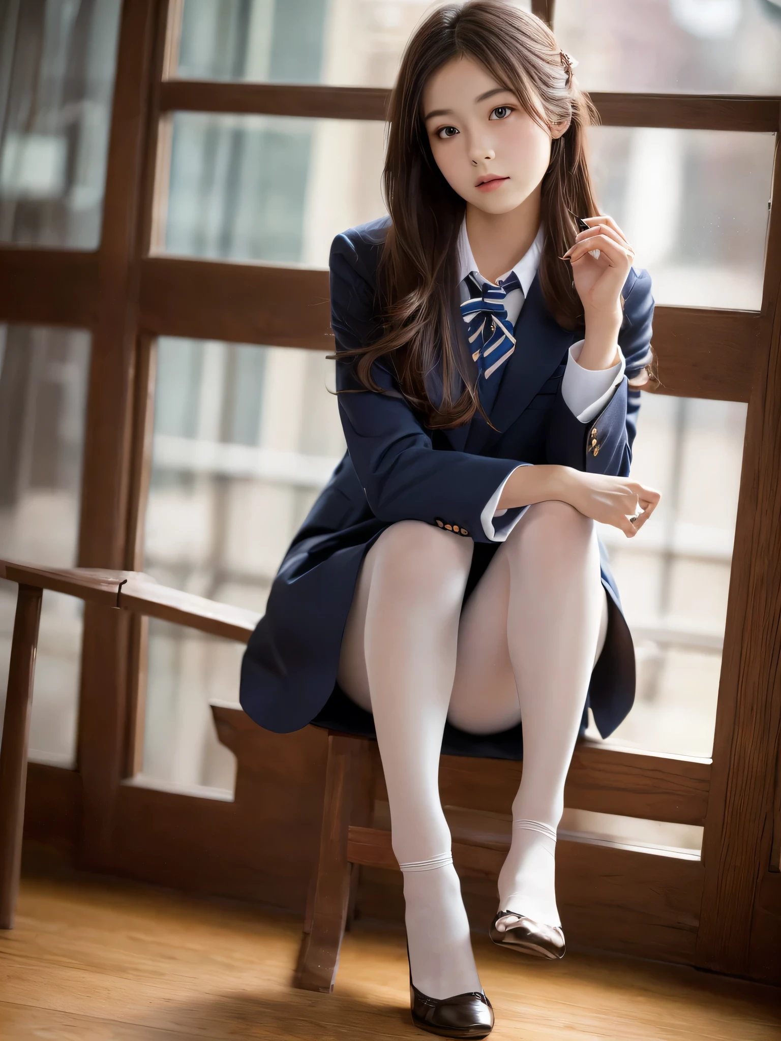 (sfw:1.5)、(RAW Photos:1.2), (Realistic:1.4), Beautiful detailed girl, Highly detailed skin , Beautiful fine details, ((Japanese high school girls uniform)), 8k wallpaper, Uniforms with detailed design, masterpiece, highest quality, Light on the face, Cinema Lighting, One girl, 26 years old, ((No pants)), (((Dynamic pose))), (pantyhose), ((Sit with your knees bent and your legs bent))、(Anatomically correct)、（Perfect body proportions)、(Natural Legs、Natural Hands、Natural Fingers)、 ((Round face)), Realistic Eye Size, Big Eyes、Droopy eyes