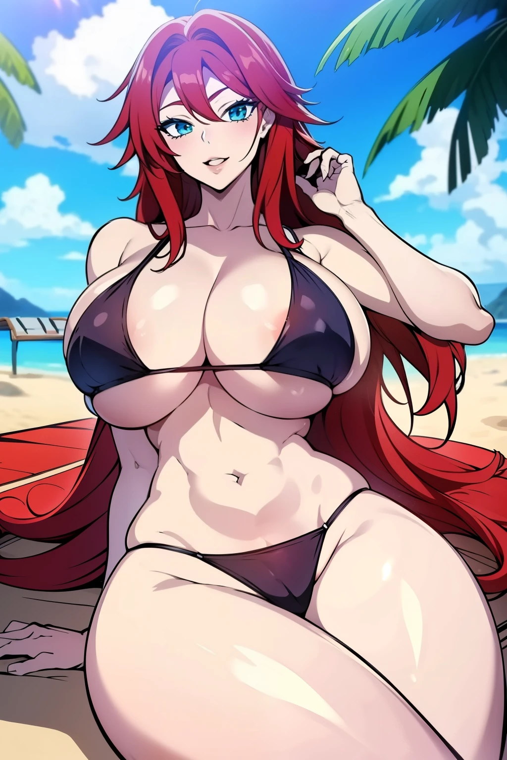 An anime-style artwork depicting rias gremory from the anime from the anime High School DxD
Tags: from the anime High School DxD, , (micro bikini:1.1), red hair, blue eyes, looking at viewer, long hair , anime, detailed eyes, detailed lips, ass, 1girl, solo, huge breasts, smiling expression, intense gaze, dynamic pose, outdoor, beach, (lying on sun lounger),, vibrant colors, digital art, high-resolution, professional quality, gigantic breasts, cleavage), (underboob : 1.4), curvy, cowboy shot, (gigantic breasts: 1.4),