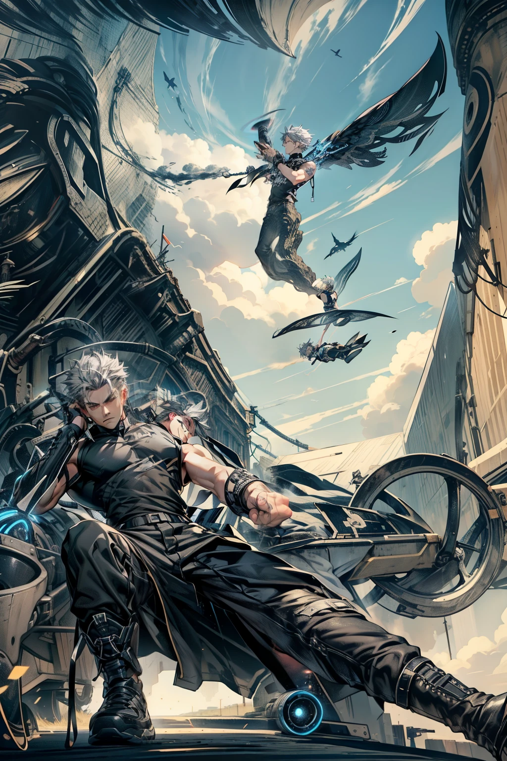 boys 26 Years old, Serious face, wearing black sleeveless shirt, black pants, gray hair, levitate on sky, blue sky, cloud