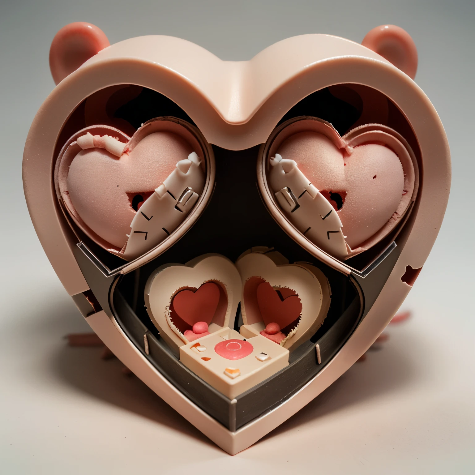 Cross section of a 3d heart, with a cute mouse family living inside, realistic