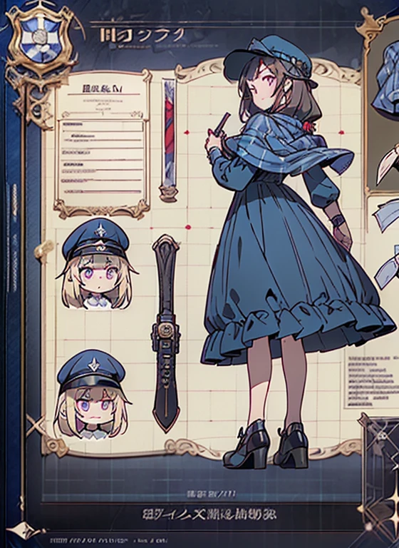 (best quality, masterpiece), (ultra high resolution, 8K RAW photo, photo realistics:1.5,(Thynasha:1.2),dark blue hair,very long hair, purple eyes,(beautiful detailed eyes:1.0), extremely detailed face,((masterpiece)),(((best quality))),(character design sheet,same character,front,side,back), 1girl, solo,Female detective, Victorian long skirt, checkered shawl, detective hat, intelligent eyes,retro artstyle,victoria design drawing,masterpiece,bestquality,top quality,ultra highly , concept art, character concept art, character sketch, reference sheet, character sheet, ( background, military base background: 1.3)