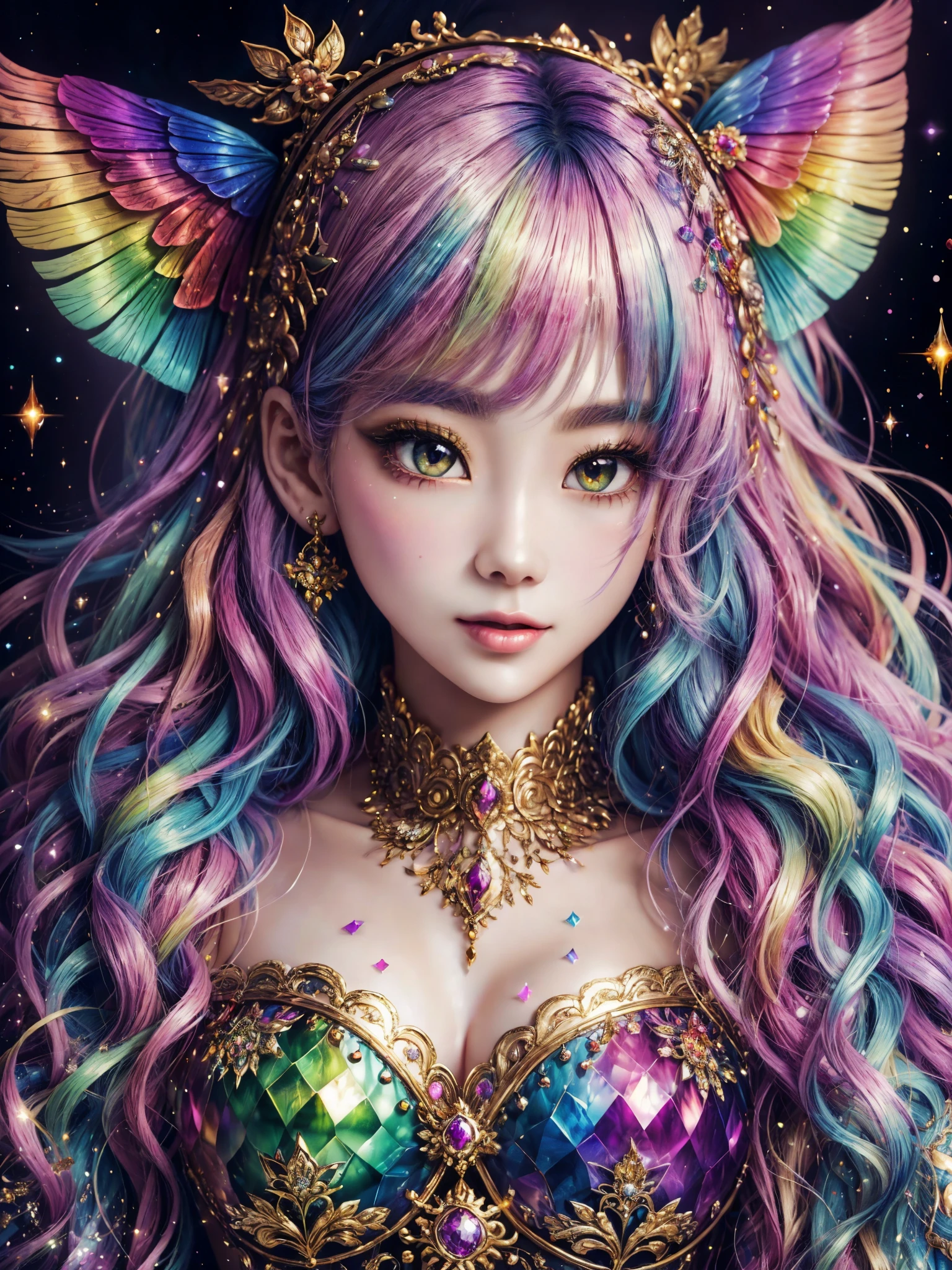 this artwork should be colorful and evoke feelings of euphoria and ecstasy. generate a beautiful fantasy woman in her 40s with an interesting and dynamic manic expression. the 40-year-old woman is dressed in the style of harajuku decora fashion. there are many intricate and highly detailed decora fashion accents. clothing is ornate and extravagant with contrasting colors, textures, and patterns. include strong influences from lisa frank. include many awe-inspiring fantasy elements. ((include phantasmal iridescence, crystals, bumps, and rainbow colors that drip like paint through the artwork.)) rainbow paint should drip through hair and onto face and body. pay particular attention to a beautifully detailed face with realistic shading. include 8k eyes, highly detailed eyes, realistically detailed eyes, macro eyes, bright eyes. the overall feeling of this artwork should be happiness and excitement. the artwork should be highly ornate. impress me. the artwork should be highly creative and ultra ornate. include many decora decorations and accessories. (fantasy00d), high quality, highres, detail enhancement