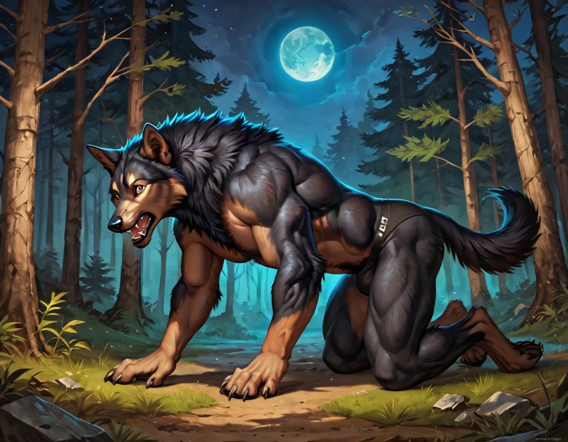 (2023:1), (best_quality:1), (high_quality:1), (absurd_res:1), (hi_res:1), (detailed:1) ,(Solo), man mid transformation into anthro male wolf, detailed, best art, masterpiece, quality, newest, forest background, torn clothes, [partially human], muscular, painful expression, by taran fiddler, all fours, back view, paws