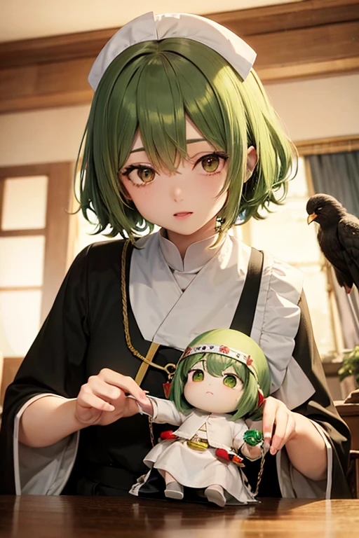 GUMI, stocky, anime, Gospel, Tengu, messy short hair, fortune teller, clear, green hair, Angelic French doll, (Priest: 1.2), poncho