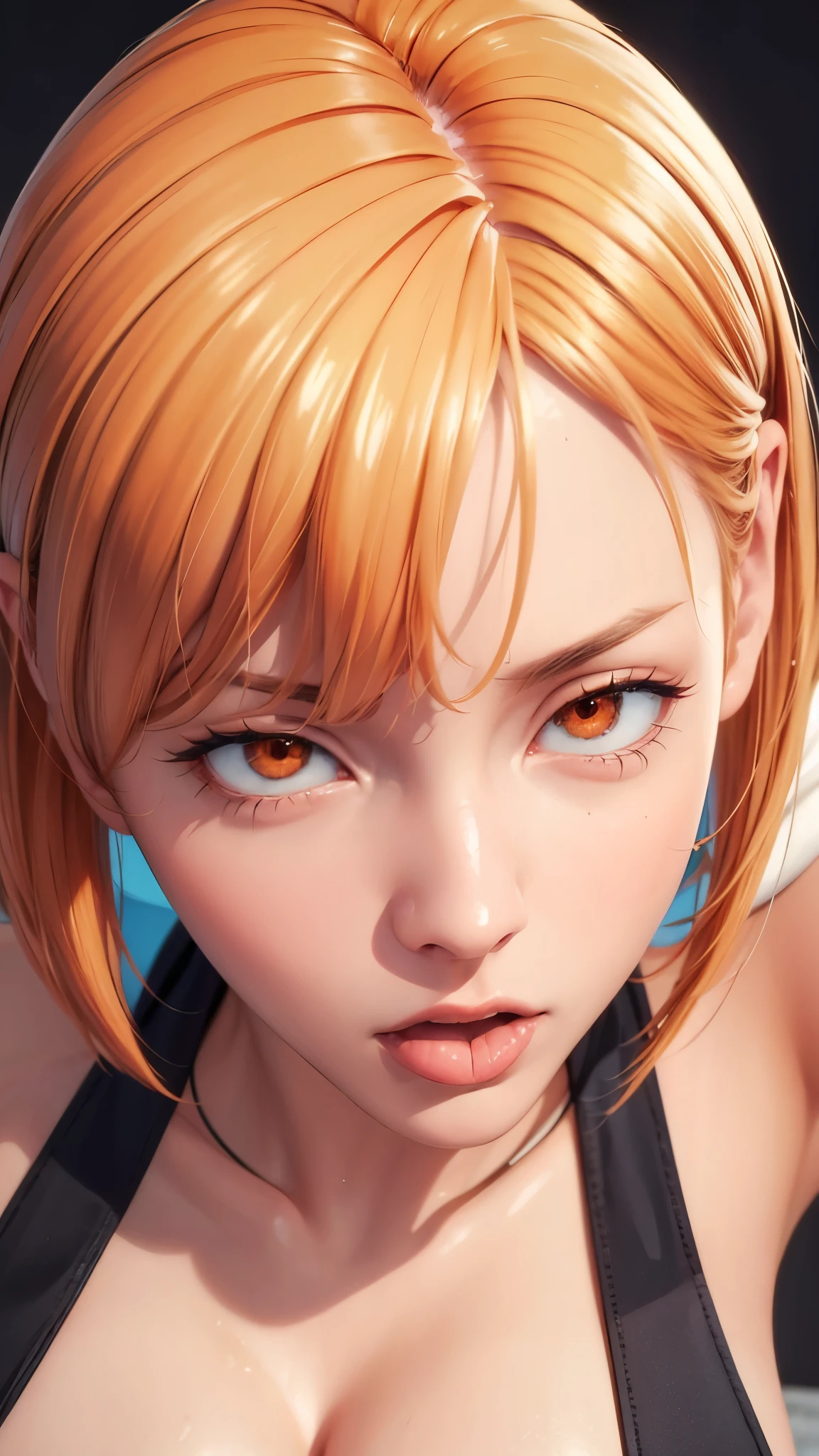 (((完美figure,figure,solo, (((A white hoodie jacket with a deep blue pattern on the shoulders, black pants, and white sneakers ))),(((nobarakugisakinova,Orange eyes,orange short hair))),((masterpiece)),high resolution, ((Best quality at best)),masterpiece,quality,Best quality,((( Exquisite facial features,Looking at the audience,There is light in the eyes,(((ahegao,open mouth,Stick out your tongue))),))),型figure:1.7))),(((Light and shadow,Huge breasts))),(((Looking at the camera,black background,)))