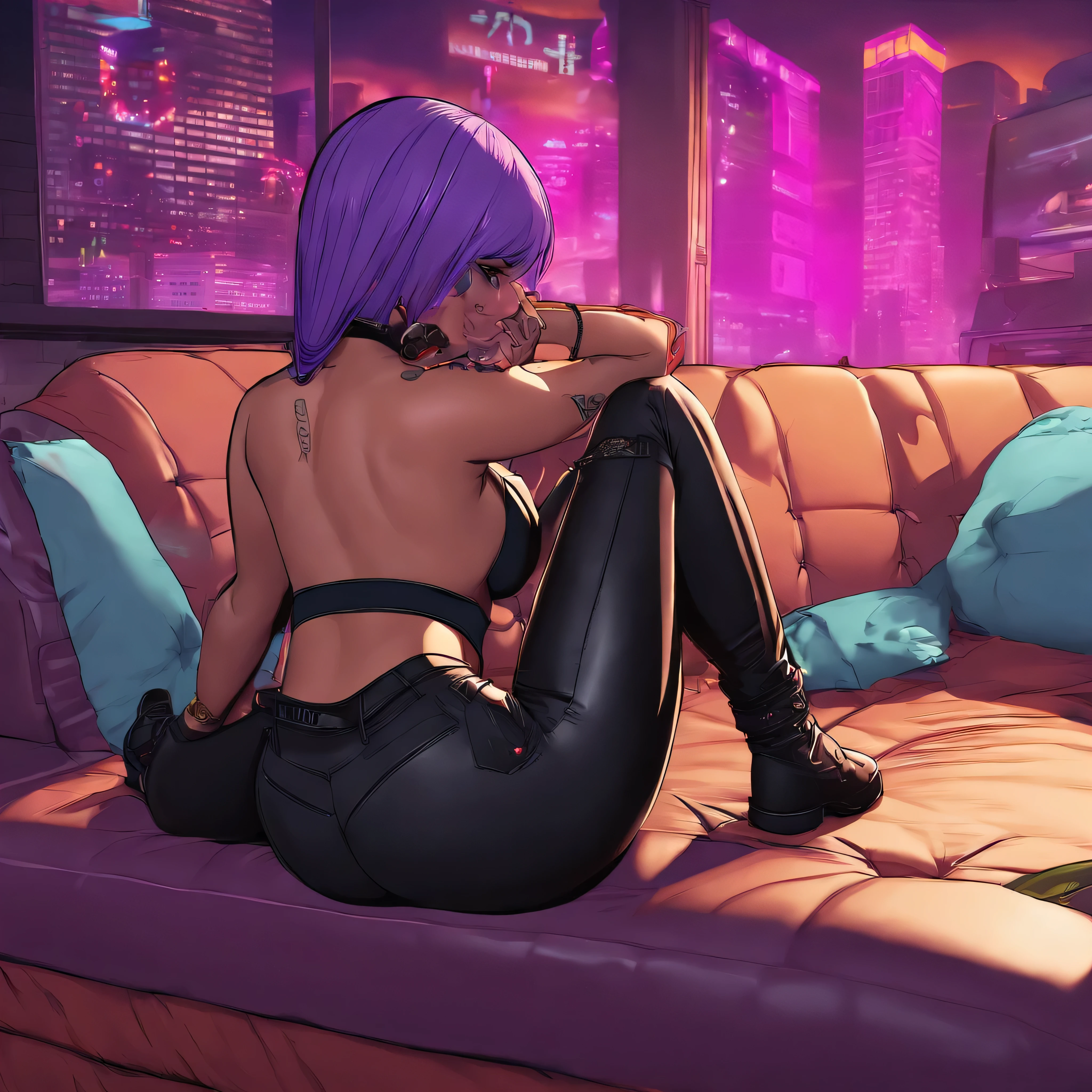arafed woman in black leather pants and purple hair sitting on a couch, cutesexyrobutts, lit from behind, 2 b, 2b, thicc, oppai cyberpunk, bending over, backview, in a cyberpunk setting, toned derriere, purple body, smooth purple skin, view from behind, curvy accentuated booty