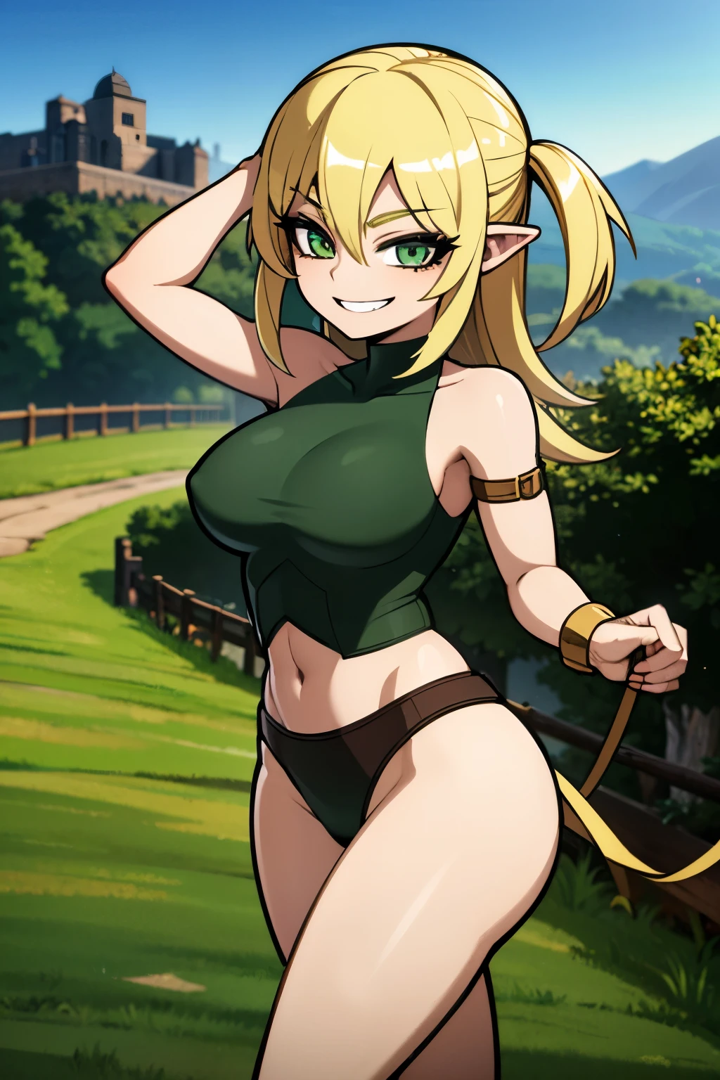 8k wallpaper, masterpiece, movie lighting, medieval setting, Beautiful female rogue with blonde hair and greenish eyes walking on a winding road with a smile on her face, sunrise with clear skies background, gremlin, mischievous smile