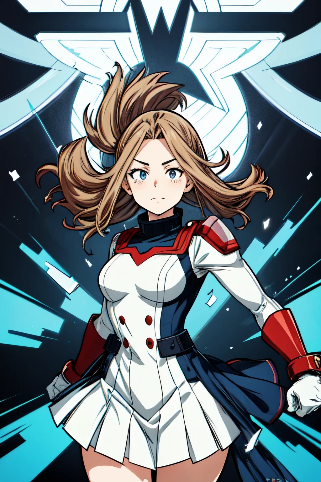 captura de pantalla del anime boku no hero academia, una chica hermosa con ojos de color negro, pelo corto, his hair is brown, puntas azules, con traje de superheroina de aspecto acuatico