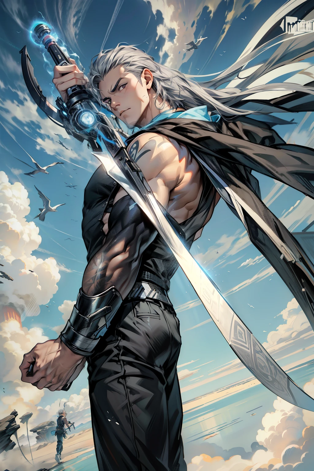 boys 26 Years old, Serious face, wearing black sleeveless shirt, black pants, gray hair, levitate on sky, blue sky, cloud