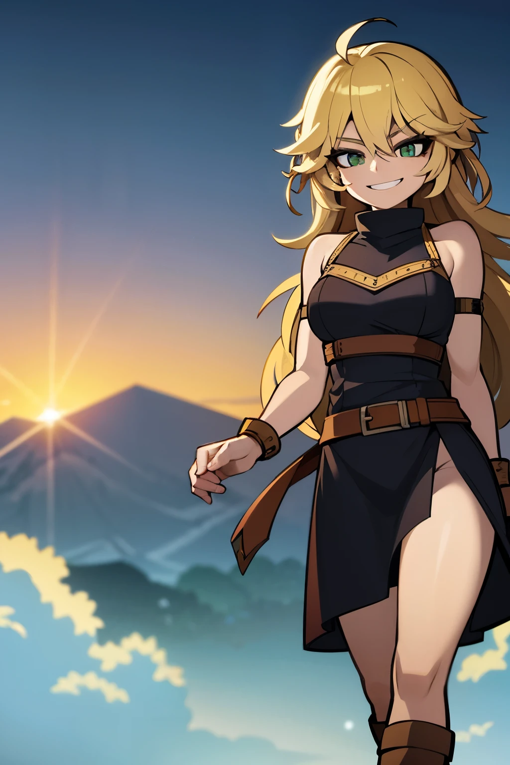 8k wallpaper, masterpiece, movie lighting, medieval setting, Beautiful female rogue with blonde hair and greenish eyes walking on a winding road with a smile on her face, sunrise with clear skies background, gremlin, mischievous smile