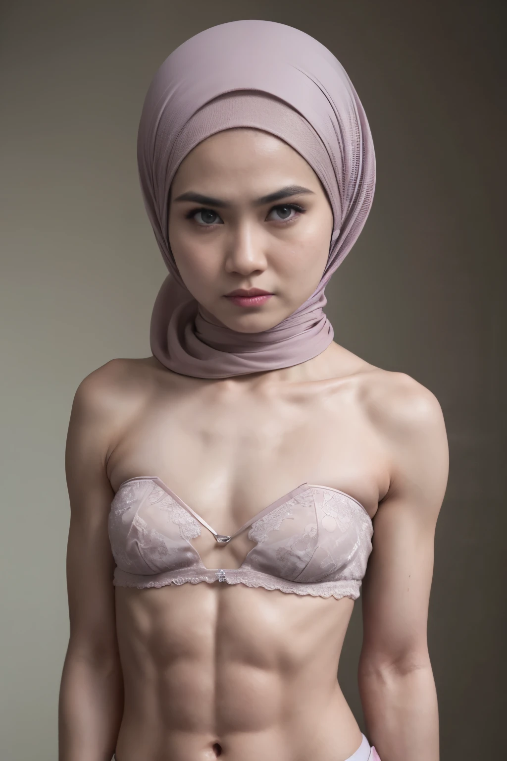 ((SHORT HIJAB)), ((Flat chest:1.8)), (dynamic photograph of a 58 year old Indonesian woman), (slim top, cotton panties), (straight non curly hair), (highly detailed face:1.4), (vascular muscles and abs:1.3), (background inside light, bright, private gym:1.1), (8k, uhd, dslr, high quality, cinematic lighting, bokeh), (dramatic, award winning photography, incredible masterpiece:1.3), (((sexy sultry stare at camera:0.8))), close up, ((she is ready to dominate you:0.5)), ((beautiful feminine face)) (she is a champion MMA fighter), add_detail:1, ((Wearing strapless pastel)) lace