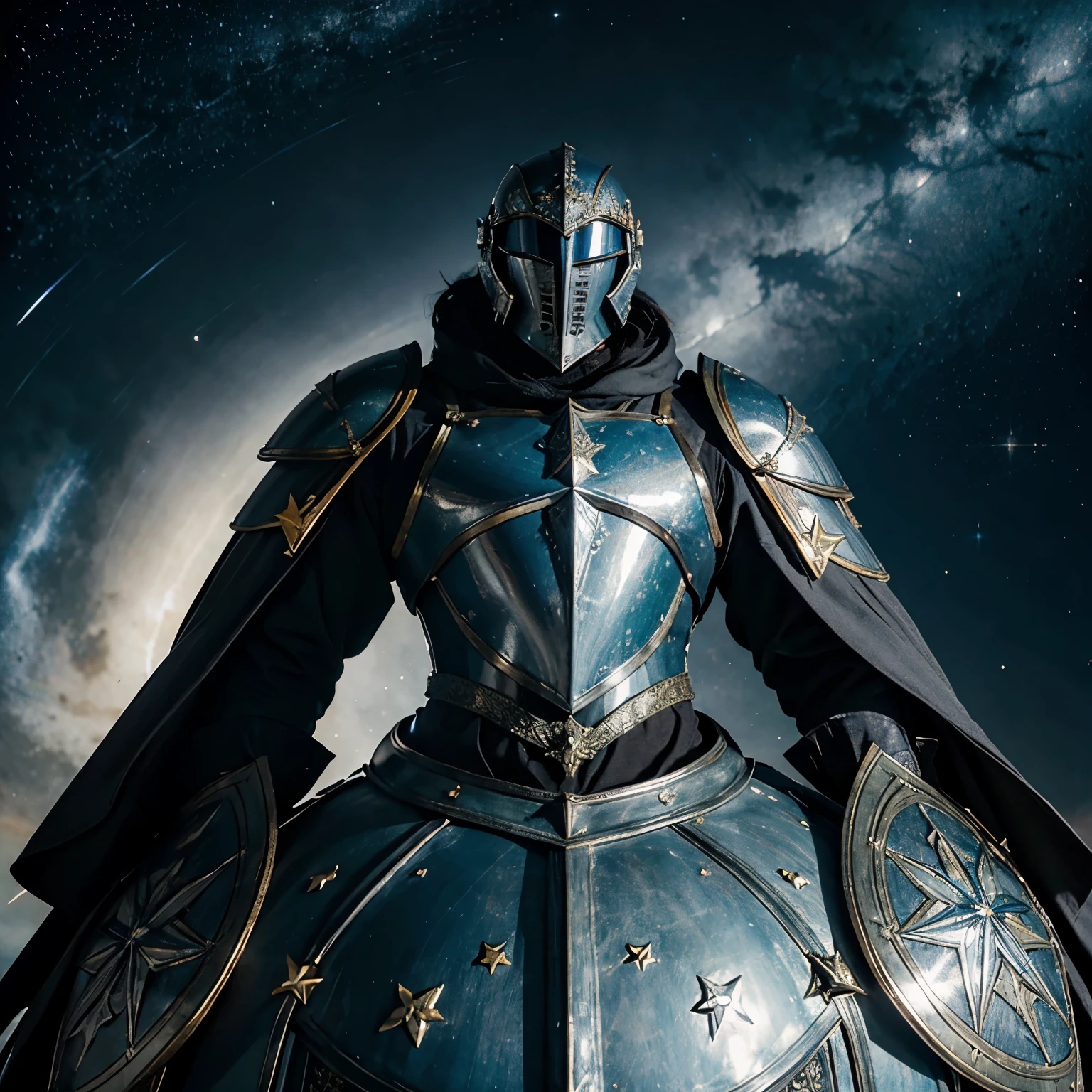 Sir Eldrion is a tall and imposing knight, with gleaming armor adorned with star patterns and cosmic symbols. His helmet has a unique design, inspired by the constellations, with a visor that shines like the stars at night. Ele empunha uma espada encantada que emite uma aura azulada, lembrando a luz das estrelas. His shield also displays celestial motifs, como planetas e nebulosas.