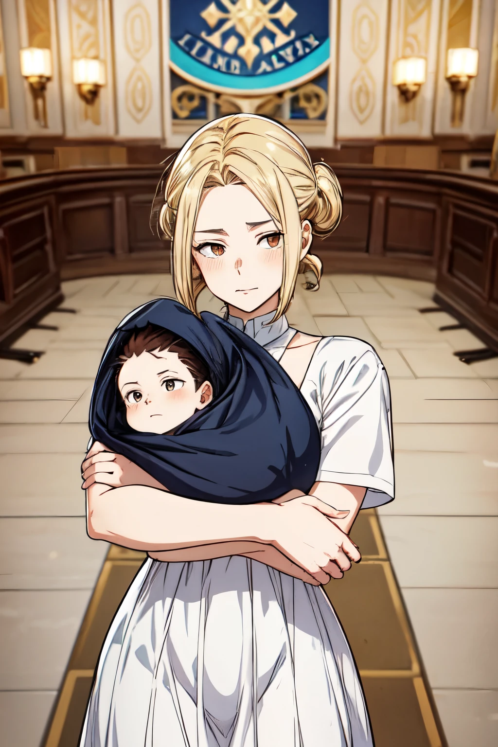 captura de pantalla de boku no hero academia, dos personas abrazandose. La primera una mujer pelinegra con puntas rojas, su cabello es largo, tiene ojos rojos, viste un vestido. In her arms she holds a newborn baby, este tiene el cabello rubio con puntas negras. La segunda persona un hombre rubio con cabello desordenado y ojos rojos, vestido de ropa casual. De fondo una sala de estar.