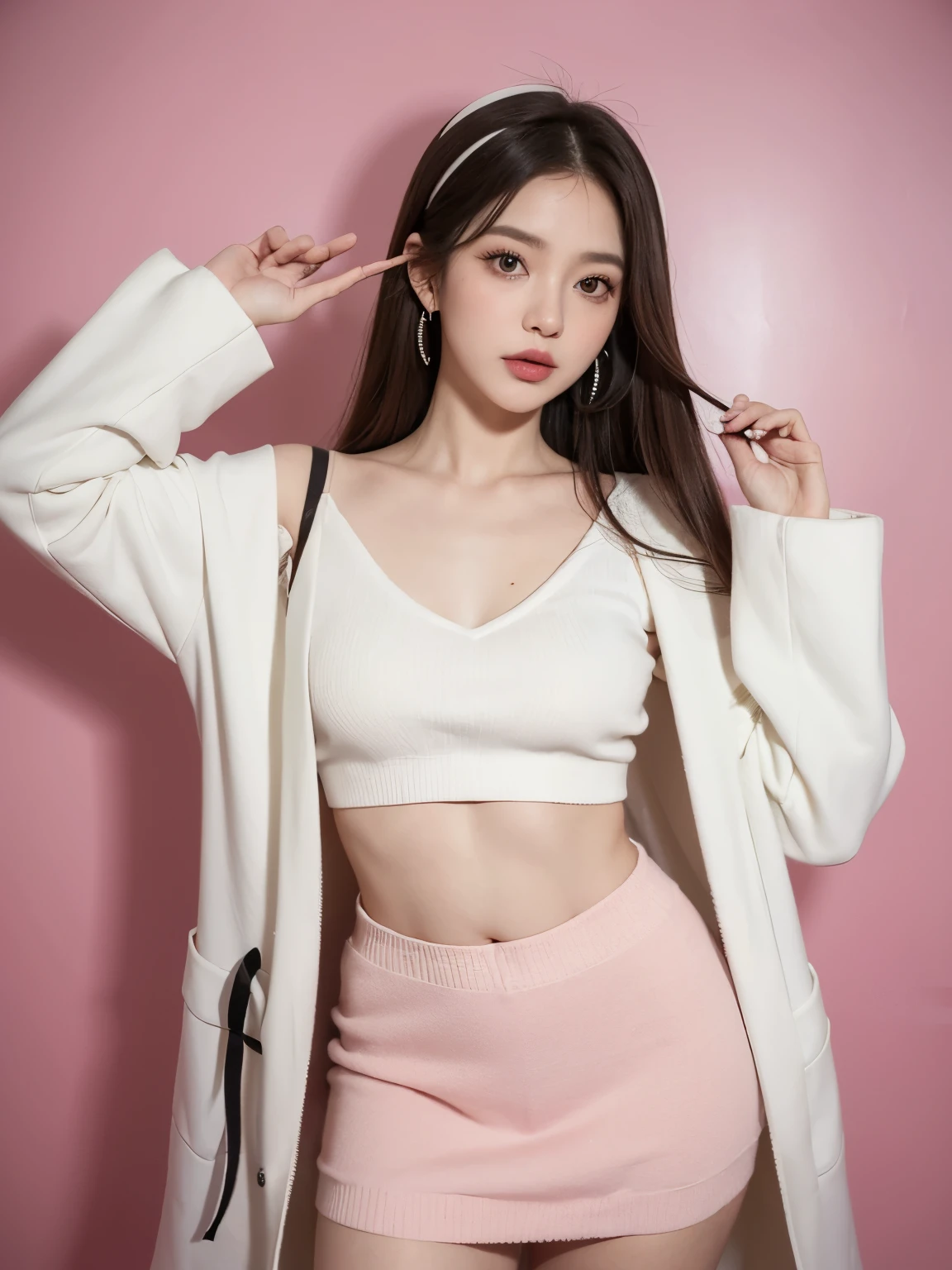 Kim Jennie with white brown hair, con rulos en las puntas, with two bows on each side of the hair, all her hair white brown, with a star clip in her white brown hair, ojos de color claro, ojos bonitos, ojos llorosos, nariz bonita y respingada, nariz lloroso, labios bonitos, labios rosas, heart and cupid shaped lip, piel bonita, pale, piel blanca, con lunares y pecas en todo el rostro, rubor rosa suave en las mejilla, rubor rosa natural, maquillaje suave y rosa, jennie, cuello bonito, cuello marcado, frown, mirada tierna, con un collar de beso, un collar bonito de beso, parecido a Yumeko Jabami, mientras lleva puesto un Crochet YK2, de lana, with a YK2 style brown mini skirt, mientras lleva una casaca con estampados de ositos, mientras tiene el abdomen desnudo, delgado, marcado y bonito, (pechos grandes, pechos suaves, pechos bonitos), mientras esta haciendo cospaly del personaje Yumeko Jabami, del anime Kakegurui, mirando a la camara, autofoto, selfie bonita