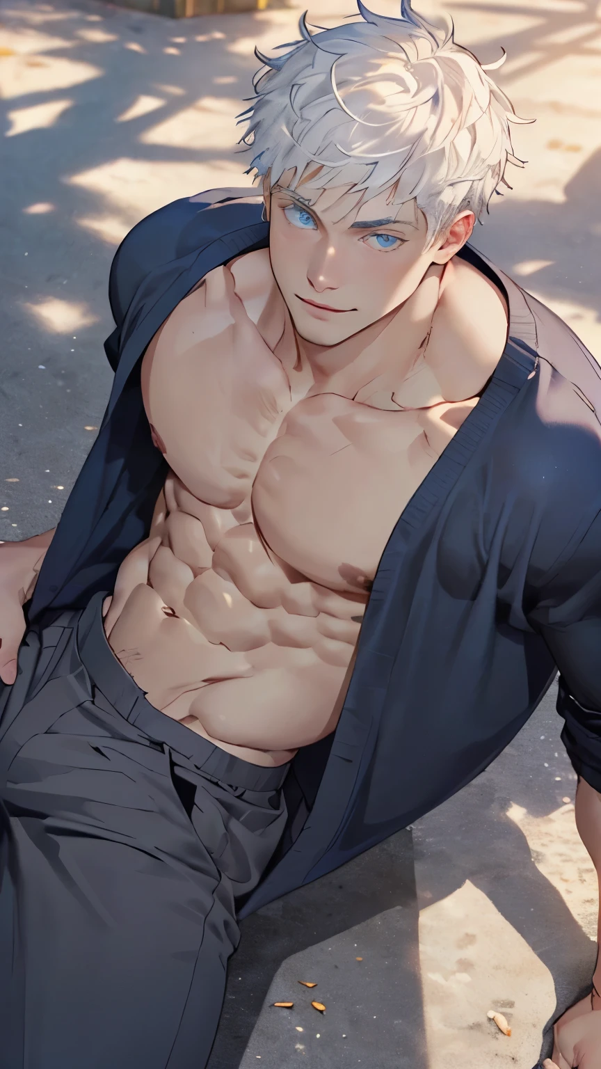 ((the best quality)), ((Masterpiece)), (details), perfect face, high definition, Masterpiece,4k,details clearly, Handsome face, white skin, perfect body, male body, strong muscles, abdomen, blue eyes, white skin, The most handsome man in the world, handsome, The coolest face, Male characters, close image (1man, shirtless), young man, mischievous smile, Extremely muscular tall man, open your eyes ((detailed eyes)), huge, muscular body and Massive, bulging pecs, muscular abs, narrow waist, short hair, blue eyes, delicate big eyes, carefree expression, clear face, handsome (detailed face, perfect face) ((extremely realistic shadows, bodybuilding posture, human, ((22-year-old young man)), V shape, athletic pants, athletic, Shirtless, Sunlight, Street, lower pants, topless, close up look, CG sense, Textured skin, the best quality, Storytelling images, lower your pants, show Panty line, Show your abs, show arm muscle, white hair, shining blue eyes, eyes contact, top view, smartphone
