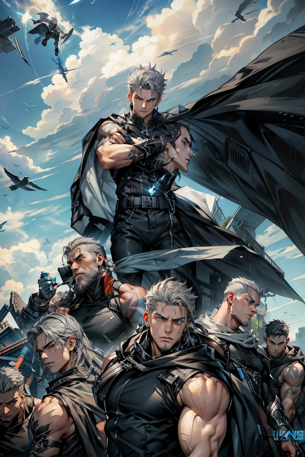 boys 26 Years old, Serious face, wearing black sleeveless shirt, black pants, gray hair, levitate on sky, blue sky, cloud