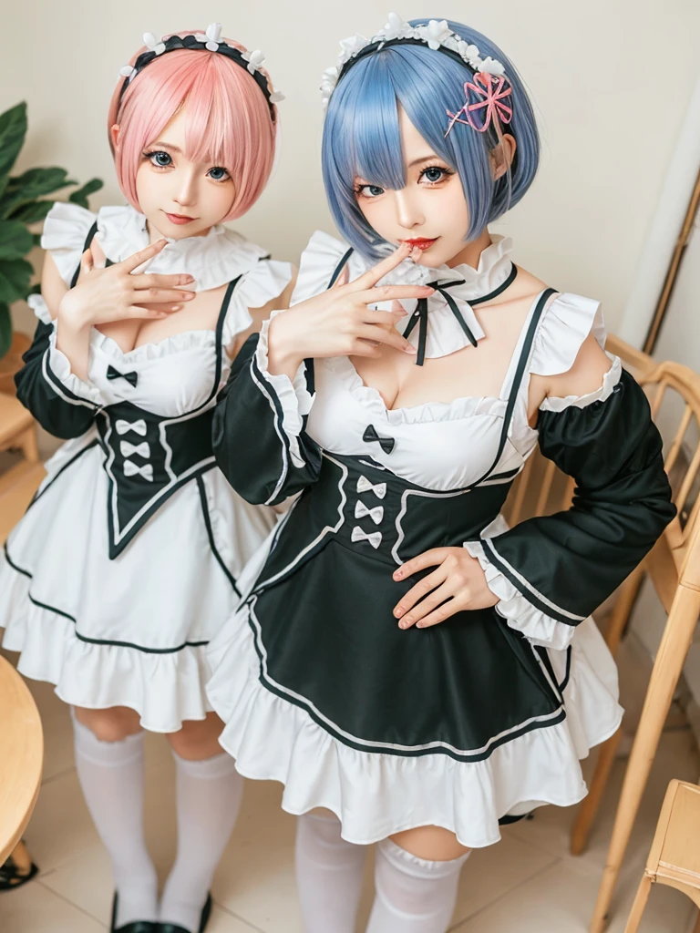 (8K, Photorealistic, Raw photo, of the highest quality: 1.3), (1girl in), Super beautiful, (Realistic face), (boyish, pink Color Berry Shorthair), Beautiful , Glare that captivates the viewer, Beautiful expression, Beautiful breasts, (Realistic skin), Be...Create a detailed and colorful image of Ram and Rem from Re:Zero, standing back-to-back in their maid outfits, with a magical fantasy background、14years old, two girls,cute, perfect face, beautiful, nice body, gothic lolita clothes, gothic lolita fashion, frilly skirt, headdress, necklace, bracelet, knee-high socks, boots, double eyelids, tear bags, Detailed down to the fingers, photo-like description, indoors, dim indoor lighting, one girl is pink hair and short bob, another girl is light blue hair and short bob,standing,whole body, composition that shows the whole body, smiling,The Both of them are wearing the same type of maid outfit,Optimal ratio of 4 fingers and 1 thumb
