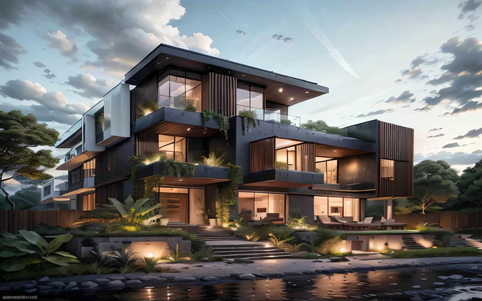 mordenhouse, house, glass house with a sloping roof, modern, dynamic (RAW photo, real, best quality, masterpiece:1.2), (hyper realistic, photo-realistic:1.2), high quality, (dark lighting:1.2), perfect lighting, archdaily, night sky with dark clouds