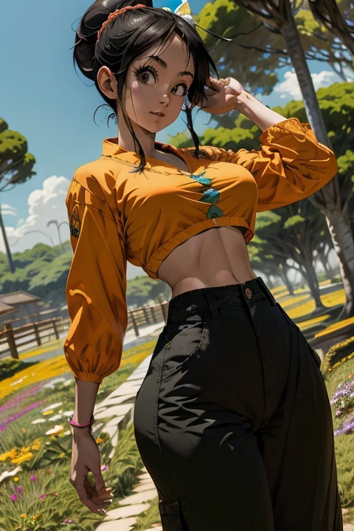 Anime, 1 garota, cabelo ao vento, olhos brilhantes, corpo inteiro, saia, parted lips, corar, flores, sol, sollight, dragon bal Z, Chi-Chi, dug pants, bunda grande. camisa curta.
