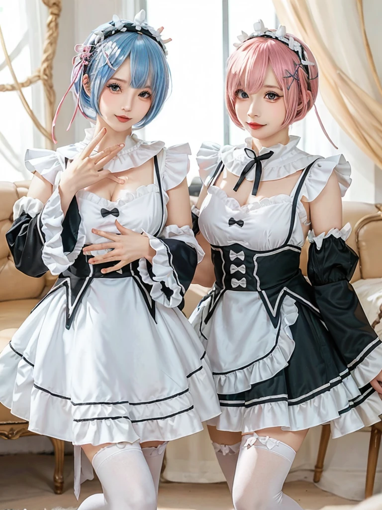 (8K, Photorealistic, Raw photo, of the highest quality: 1.3), (1girl in), Super beautiful, (Realistic face), (boyish, pink Color Berry Shorthair), Beautiful , Glare that captivates the viewer, Beautiful expression, Beautiful breasts, (Realistic skin), Be...Create a detailed and colorful image of Ram and Rem from Re:Zero, standing back-to-back in their maid outfits, with a magical fantasy background、14years old, two girls,cute, perfect face, beautiful, nice body, gothic lolita clothes, gothic lolita fashion, frilly skirt, headdress, necklace, bracelet, knee-high socks, boots, double eyelids, tear bags, Detailed down to the fingers, photo-like description, indoors, dim indoor lighting, one girl is pink hair and short bob, another girl is light blue hair and short bob,standing,whole body, composition that shows the whole body, smiling,The Both of them are wearing the same type of maid outfit,Optimal ratio of 4 fingers and 1 thumb