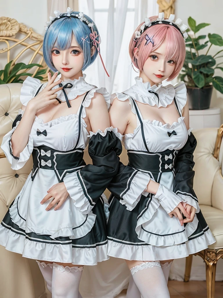 (8K, Photorealistic, Raw photo, of the highest quality: 1.3), (1girl in), Super beautiful, (Realistic face), (boyish, pink Color Berry Shorthair), Beautiful , Glare that captivates the viewer, Beautiful expression, Beautiful breasts, (Realistic skin), Be...Create a detailed and colorful image of Ram and Rem from Re:Zero, standing back-to-back in their maid outfits, with a magical fantasy background、14years old, two girls,cute, perfect face, beautiful, nice body, gothic lolita clothes, gothic lolita fashion, frilly skirt, headdress, necklace, bracelet, knee-high socks, boots, double eyelids, tear bags, Detailed down to the fingers, photo-like description, indoors, dim indoor lighting, one girl is pink hair and short bob, another girl is light blue hair and short bob,standing,whole body, composition that shows the whole body, smiling,The Both of them are wearing the same type of maid outfit,Optimal ratio of 4 fingers and 1 thumb