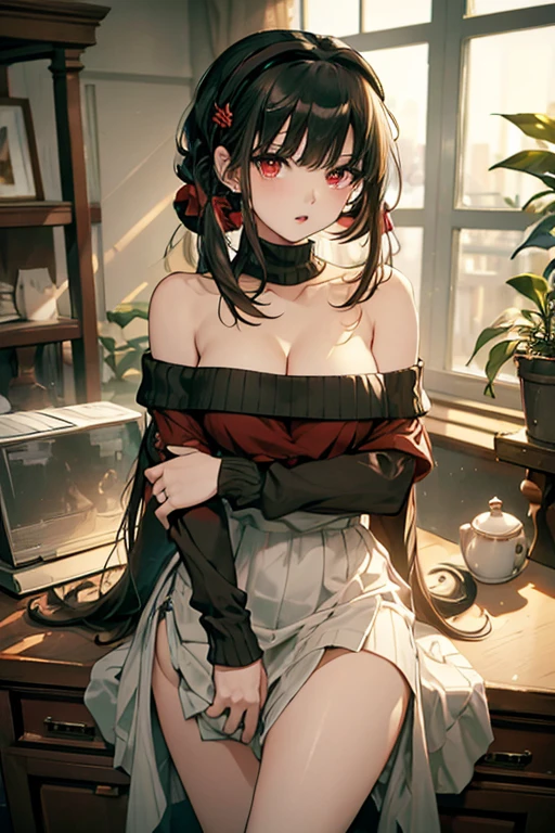 masterpiece, yor, 1girl, Amazing Cleavage:1.3, thin waist, big ass, Raised sexy, medium breast: 1.3 posed cleavage:1.2、solo, looking at viewer, open mouth, have a cup of coffee,black hair, red eyes, dress, bare shoulders, jewelry, collarbone, sidelocks, hairband, earrings, indoors, off shoulder, :o, sweater, arms behind back, plant, short hair with long locks, white hairband, off-shoulder dress, sweater dress, off-shoulder sweater, red sweater, big side hair, very long side hair,is rendered in (masterpiece: 1.2, best quality), with (ultra high resolution) and an exquisite (depth of field). This masterpiece is not only visually stunning but also tells, make of cooking some cakes ,in the kitchen
