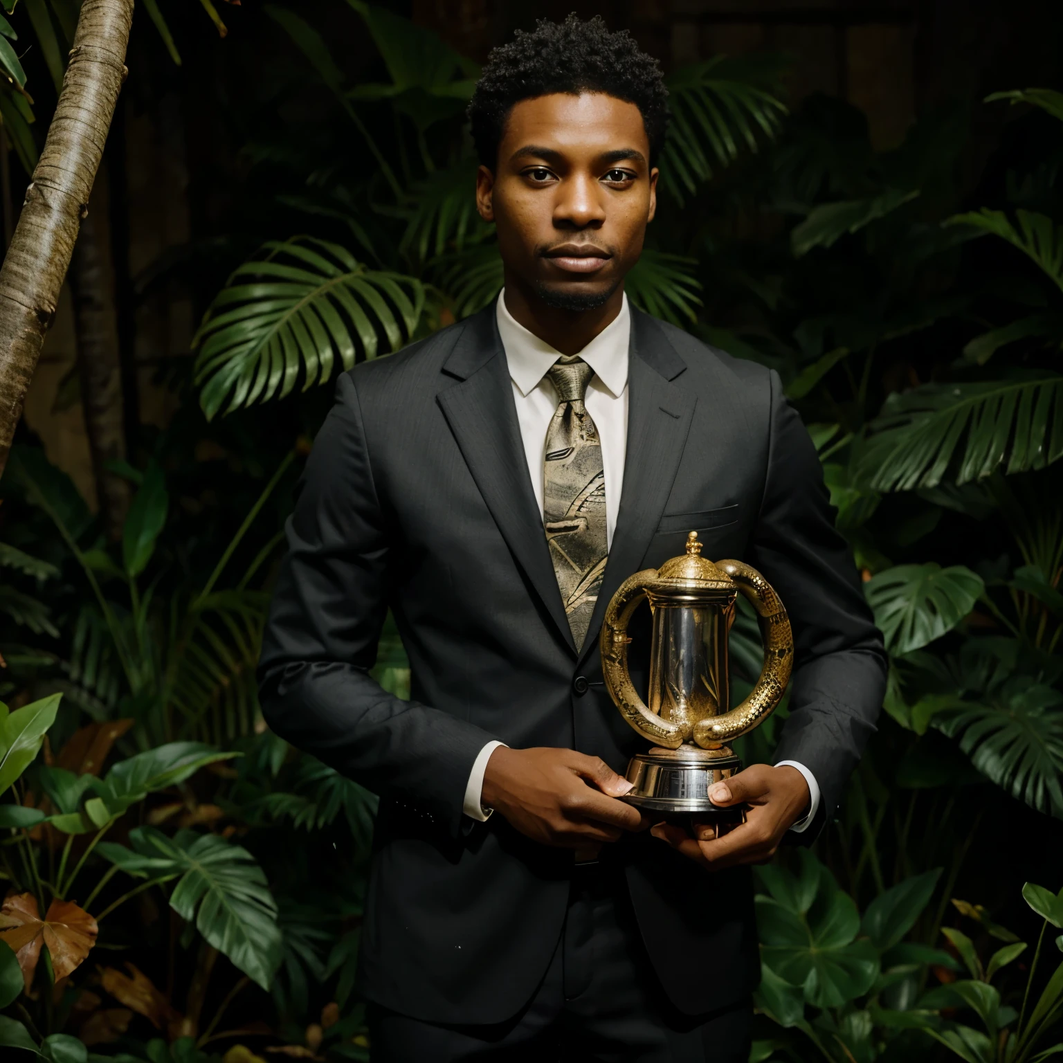 A black person wearing a suit and holding a   trophy, as well as wearing a real snake in his neck in a jungle background.