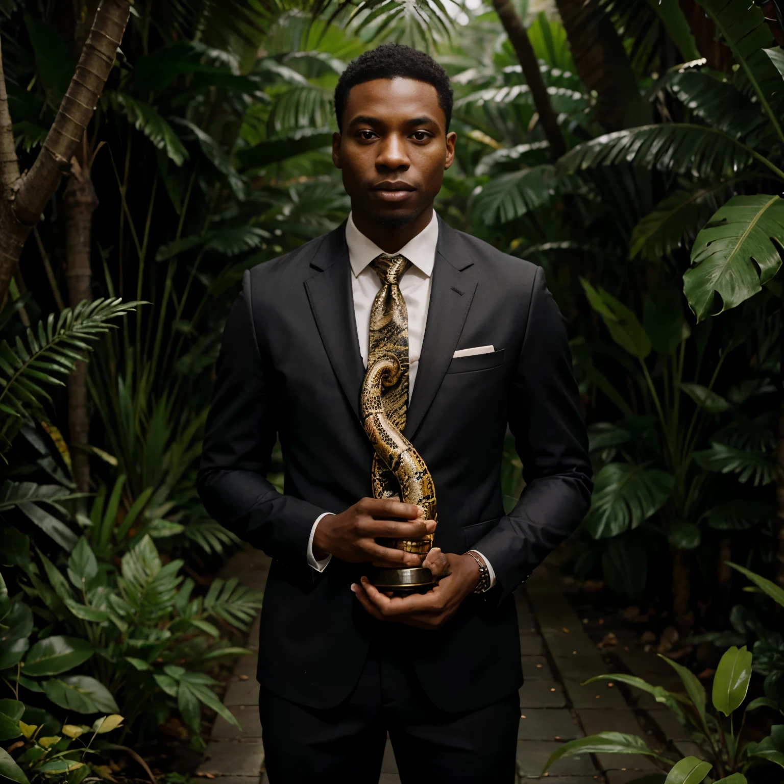 A black person wearing a suit and holding a   trophy, as well as wearing a real snake in his neck in a jungle background.