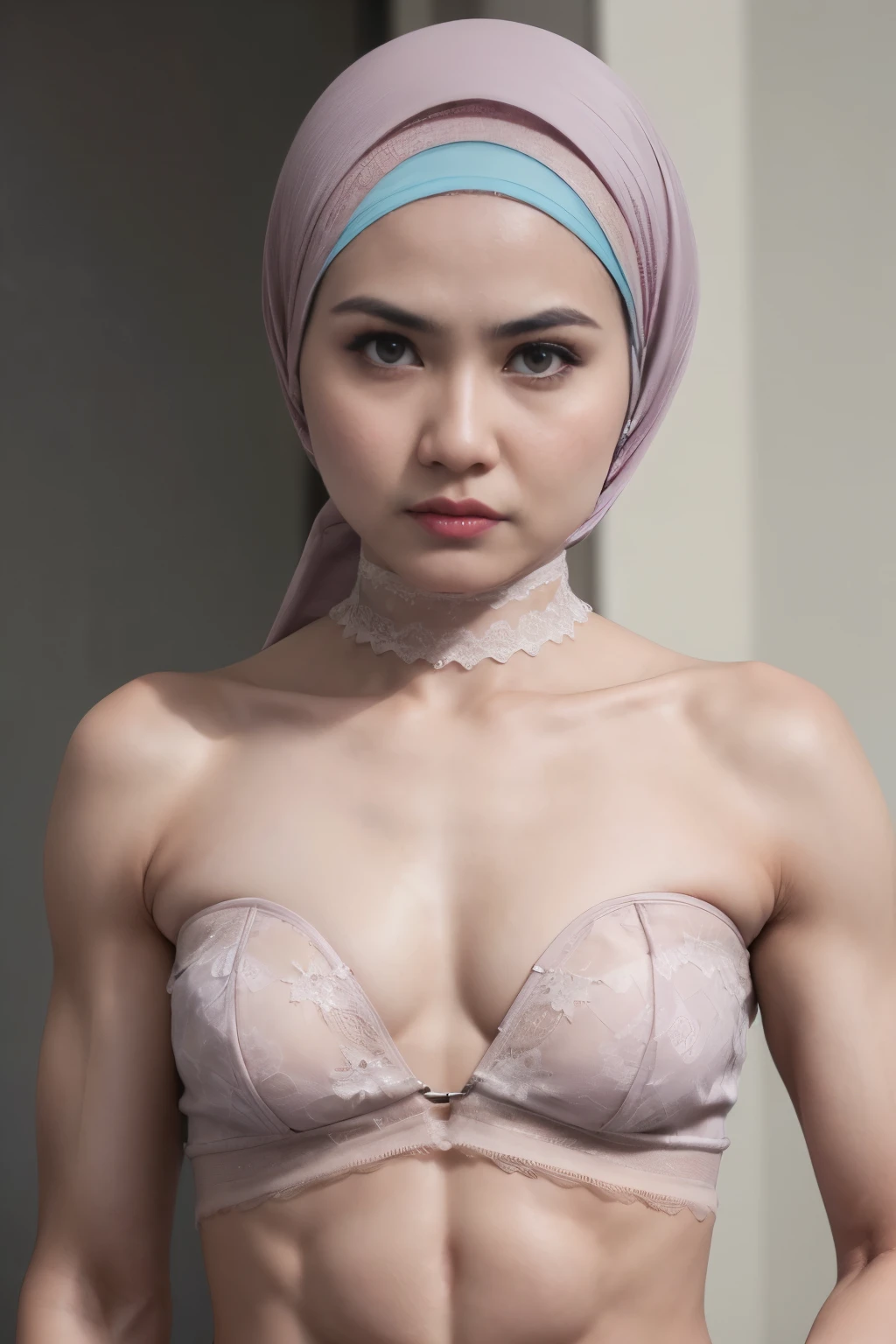 ((SHORT HIJAB)), ((Flat chest:1.8)), (dynamic photograph of a 58 year old Indonesian woman), (slim top, cotton panties), (straight non curly hair), (highly detailed face:1.4), (vascular muscles and abs:1.3), (background inside light, bright, private gym:1.1), (8k, uhd, dslr, high quality, cinematic lighting, bokeh), (dramatic, award winning photography, incredible masterpiece:1.3), (((sexy sultry stare at camera:0.8))), close up, ((she is ready to dominate you:0.5)), ((beautiful feminine face)) (she is a champion MMA fighter), add_detail:1, ((Wearing strapless pastel)) lace