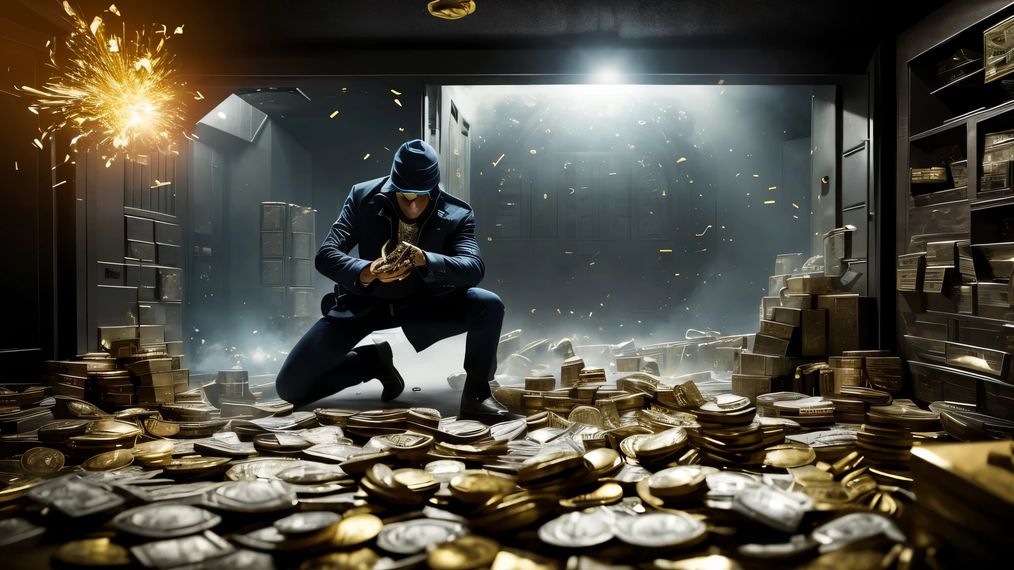 An edited photo using images of an actual bank vault interior, with a robber figure photobashed into the scene reaching into the opened deposit boxes and scooping out riches into a large bag. The robber is captured in a half-turned crouching pose, with cash and jewelry exploding out around them in a freeze-frame effect.