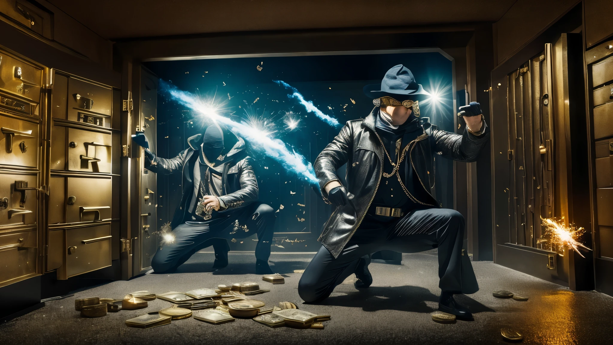 An edited photo using images of an actual bank vault interior, with a robber figure photobashed into the scene reaching into the opened deposit boxes and scooping out riches into a large bag. The robber is captured in a half-turned crouching pose, with cash and jewelry exploding out around them in a freeze-frame effect.