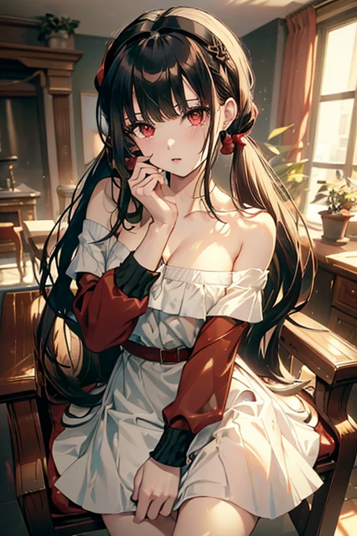 masterpiece, yor, 1girl, Amazing Cleavage:1.3, thin waist, big ass, Raised sexy, medium breast: 1.3 posed cleavage:1.2、solo, looking at viewer, open mouth, have a cup of coffee,black hair, red eyes, dress, bare shoulders, jewelry, collarbone, sidelocks, hairband, earrings, indoors, off shoulder, :o, sweater, arms behind back, plant, short hair with long locks, white hairband, off-shoulder dress, sweater dress, off-shoulder sweater, red sweater, big side hair, very long side hair,is rendered in (masterpiece: 1.2, best quality), with (ultra high resolution) and an exquisite (depth of field). This masterpiece is not only visually stunning but also tells, make of cooking some cakes ,in the kitchen