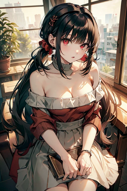 masterpiece, yor, 1girl, Amazing Cleavage:1.3, thin waist, big ass, Raised sexy, medium breast: 1.3 posed cleavage:1.2、solo, looking at viewer, open mouth, have a cup of coffee,black hair, red eyes, dress, bare shoulders, jewelry, collarbone, sidelocks, hairband, earrings, indoors, off shoulder, :o, sweater, arms behind back, plant, short hair with long locks, white hairband, off-shoulder dress, sweater dress, off-shoulder sweater, red sweater, big side hair, very long side hair,is rendered in (masterpiece: 1.2, best quality), with (ultra high resolution) and an exquisite (depth of field). This masterpiece is not only visually stunning but also tells, make of cooking some cakes ,in the kitchen