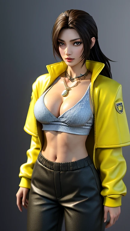 realistic, 1 women, best quality, 12k, HD, long hair, waist up pose , upper knees pose , big round breasts, cleavage, ponytail, necklace, jewelry, shorts, short jacket, slim hips, hair tie, yellow eyes, black hair, super detailed, Eye details, hair details, person details, mouth details, face details, breast details, clothes details, hair details, pants details, hand details, whole body