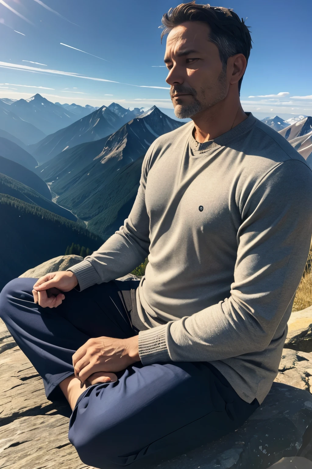The picture shows a 45-year-old man, sitting in a meditative pose on a mountain top. He&#39;s surrounded by bright light, which comes from his body. Clouds are visible around him, which gradually dissolve in the air. Beautiful nature is visible in the background - mountains, forests and rivers. In the center of the picture is an image of the Nagual - a supernatural being, which is the source of life, wisdom and strength. It is depicted as a bright light, which surrounds a person and fills him with energy. Symbols are also visible in the picture, associated with nagualism - for example, double, dreams and emptiness. All together this creates an image of harmony and unity with nature and the spiritual world, what is the main idea of nagualism.