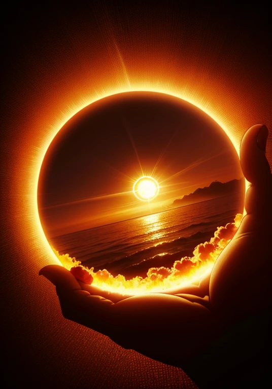 Reality chart of God creating the world in complete darkness, de frente para o espectador, The sun rises brightly from between your hands , Create dramatic backlight effects. The divine silhouette should convey a sense of ambition and love. Incorpore um gradiente laranja quente, homem vermelho, e enfatizar os efeitos do nascer do sol e da silhueta.

