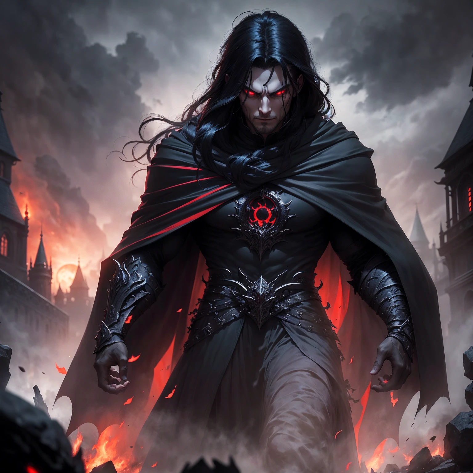 a dark muscular male evil lord, long flowing black hair, black and red cloak, piercing red eyes, menacing expression, powerful aura, standing in a dimly lit chamber,, casting eerie shadows, , adorned with intricate details, with a sinister grin, exuding an aura of darkness, with an intimidating presence, in a gothic castle, with imposing architecture, shrouded in mist, under a blood-red moon, with a storm brewing in the background, creating a foreboding atmosphere, reminiscent of a dark fantasy novel cover, with a dramatic lighting, emphasizing the contrast between light and shadow, evoking a sense of mystery and danger, with a touch of supernatural elements and captivating artistry."