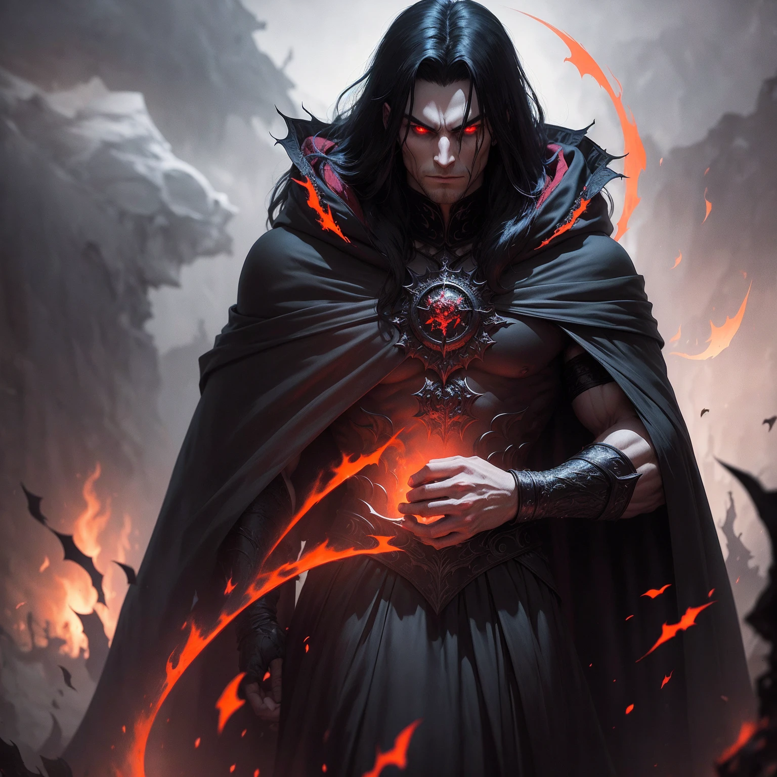 a dark muscular male evil lord, long flowing black hair, black and red cloak, piercing red eyes, menacing expression, powerful aura, standing in a dimly lit chamber,, casting eerie shadows, , adorned with intricate details, with a sinister grin, exuding an aura of darkness, with an intimidating presence, in a gothic castle, with imposing architecture, shrouded in mist, under a blood-red moon, with a storm brewing in the background, creating a foreboding atmosphere, reminiscent of a dark fantasy novel cover, with a dramatic lighting, emphasizing the contrast between light and shadow, evoking a sense of mystery and danger, with a touch of supernatural elements and captivating artistry."