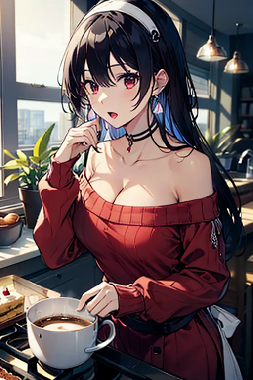 masterpiece, yor, 1girl, Amazing Cleavage:1.3, thin waist, big ass, Raised sexy, medium breast: 1.3 posed cleavage:1.2、solo, looking at viewer, open mouth, have a cup of coffee,black hair, red eyes, dress, bare shoulders, jewelry, collarbone, sidelocks, hairband, earrings, indoors, off shoulder, :o, sweater, arms behind back, plant, short hair with long locks, white hairband, off-shoulder dress, sweater dress, off-shoulder sweater, red sweater, big side hair, very long side hair,is rendered in (masterpiece: 1.2, best quality), with (ultra high resolution) and an exquisite (depth of field). This masterpiece is not only visually stunning but also tells, make of cooking some cakes ,in the kitchen