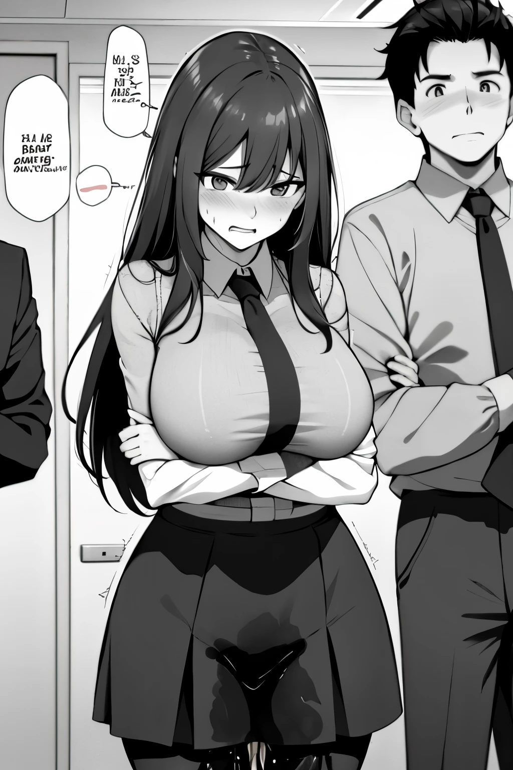 A woman with long black hair, wearing a business outfit consisting of a suit, pencil skirt, and pantyhose, stands in a monochrome setting. The artwork is inspired by manga and incorporates a doujin style. The woman appears to be (wetting herself:1.5), which causes her to feel embarrassed and humiliated, resulting in a blush on her face. In addition, there is an air of anger in her expression. The lighting in the scene is moody, with a spotlight highlighting the woman's figure. She is crossing her arms, (arms crossed:1.5), fully showcasing her skirt.