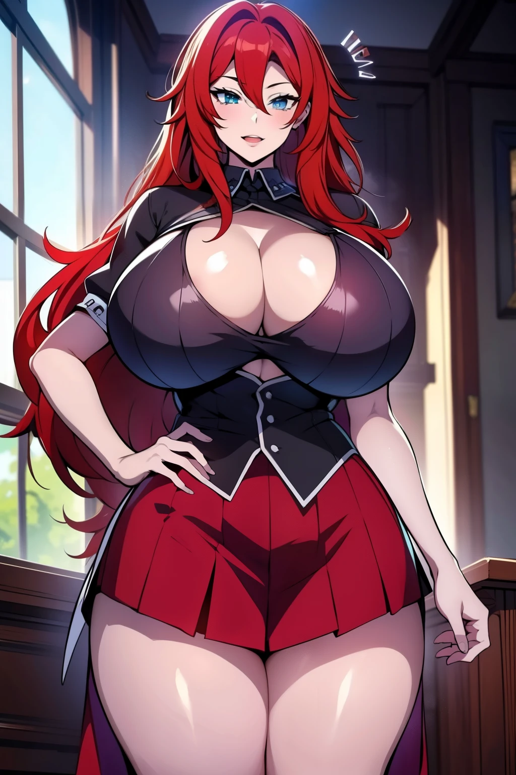 An anime-style artwork depicting rias gremory from the anime from the anime High School DxD

Tags: from the anime High School DxD,  , (school uniform:1.1), red hair, blue eyes, looking at viewer,  long hair , anime, detailed eyes, detailed lips, ass, 1girl, solo, huge breasts, smiling expression, intense gaze, dynamic pose, indoor, palace, vibrant colors, digital art, high-resolution, professional quality, gigantic breasts, cleavage), curvy, cowboy shot, (gigantic breasts: 1.4),