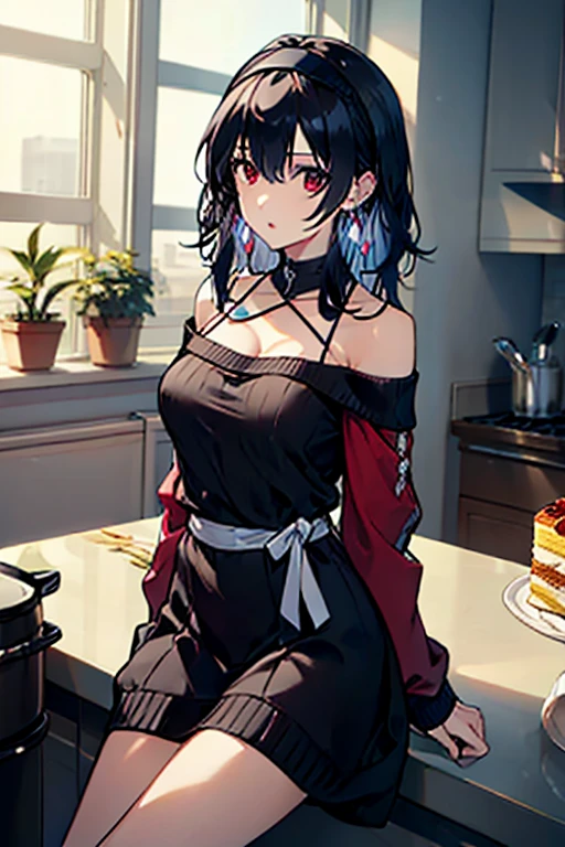 masterpiece, yor, 1girl, Amazing Cleavage:1.3, thin waist, big ass, Raised sexy, medium breast: 1.3 posed cleavage:1.2、solo, looking at viewer, open mouth, have a cup of coffee,black hair, red eyes, dress, bare shoulders, jewelry, collarbone, sidelocks, hairband, earrings, indoors, off shoulder, :o, sweater, arms behind back, plant, short hair with long locks, white hairband, off-shoulder dress, sweater dress, off-shoulder sweater, red sweater, big side hair, very long side hair,is rendered in (masterpiece: 1.2, best quality), with (ultra high resolution) and an exquisite (depth of field). This masterpiece is not only visually stunning but also tells, make of cooking some cakes ,in the kitchen