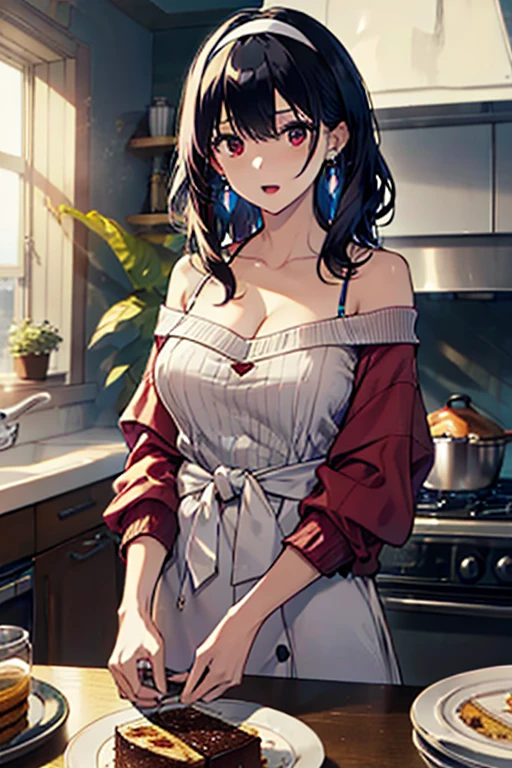 masterpiece, yor, 1girl, Amazing Cleavage:1.3, thin waist, big ass, Raised sexy, medium breast: 1.3 posed cleavage:1.2、solo, looking at viewer, open mouth, have a cup of coffee,black hair, red eyes, dress, bare shoulders, jewelry, collarbone, sidelocks, hairband, earrings, indoors, off shoulder, :o, sweater, arms behind back, plant, short hair with long locks, white hairband, off-shoulder dress, sweater dress, off-shoulder sweater, red sweater, big side hair, very long side hair,is rendered in (masterpiece: 1.2, best quality), with (ultra high resolution) and an exquisite (depth of field). This masterpiece is not only visually stunning but also tells, make of cooking some cakes ,in the kitchen